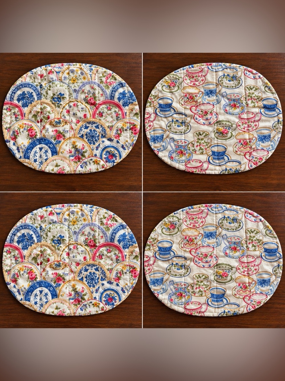 Vintage Handmade Quilted Reversible Placemats Set of 4 Floral Teacups Saucers